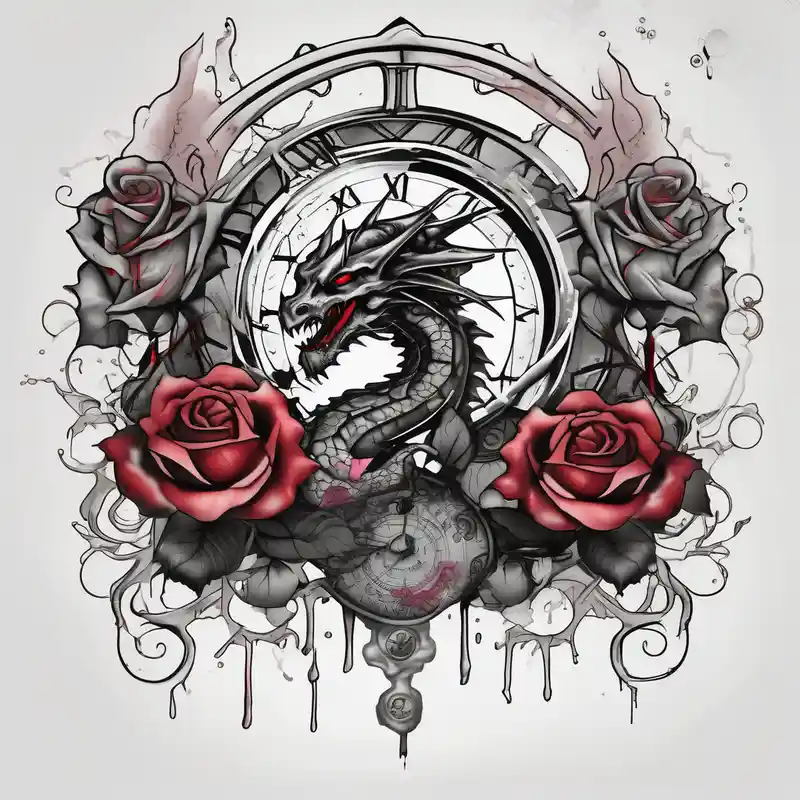 watercolor style Idées de tatouages de pêche en 2025 about Dark cancer zodiac sign tattoo with dragon and clock and roses on background fishing tattoos